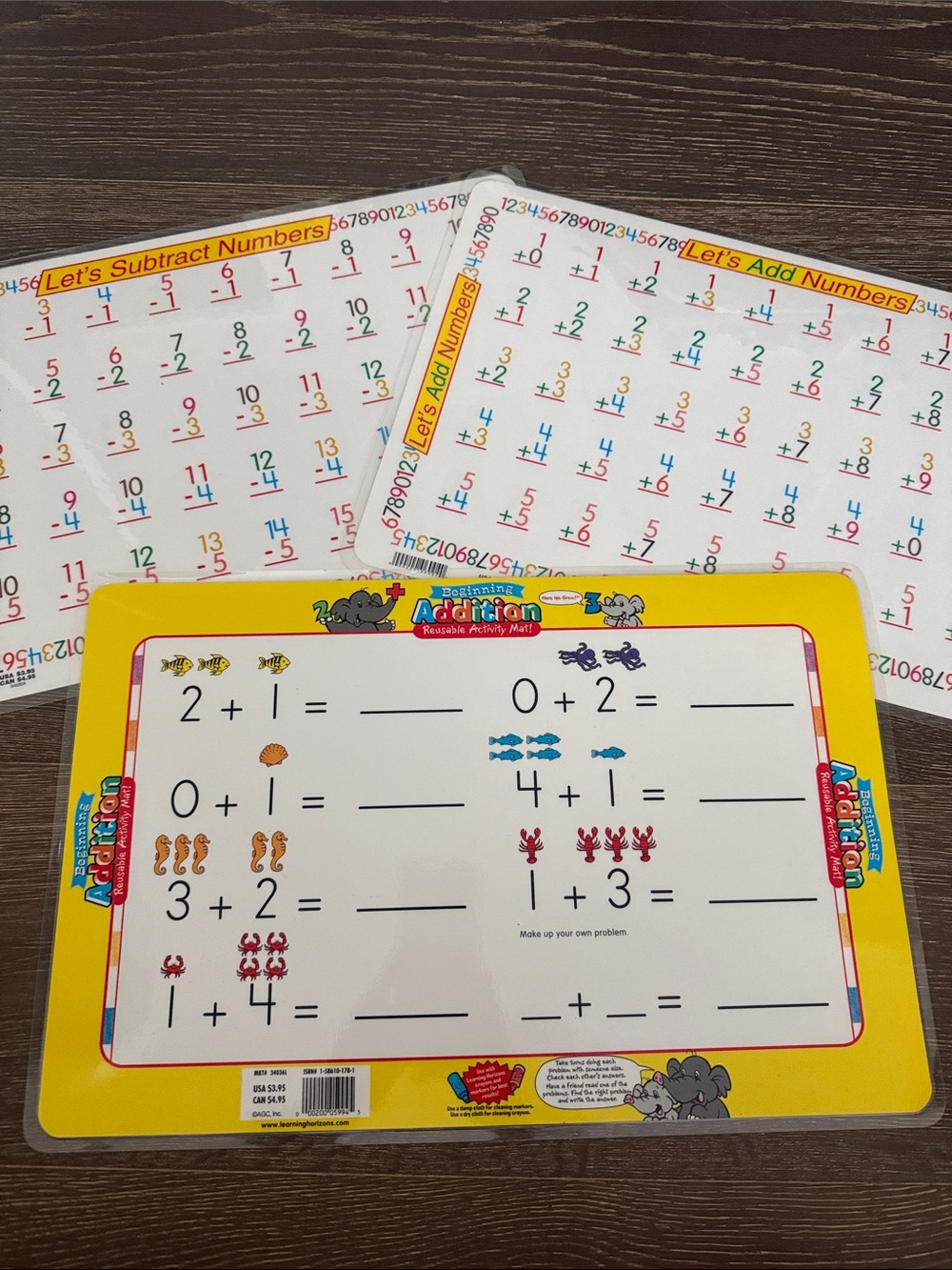 3 Piece Lot Bundle of Addition and Subtraction Placemats